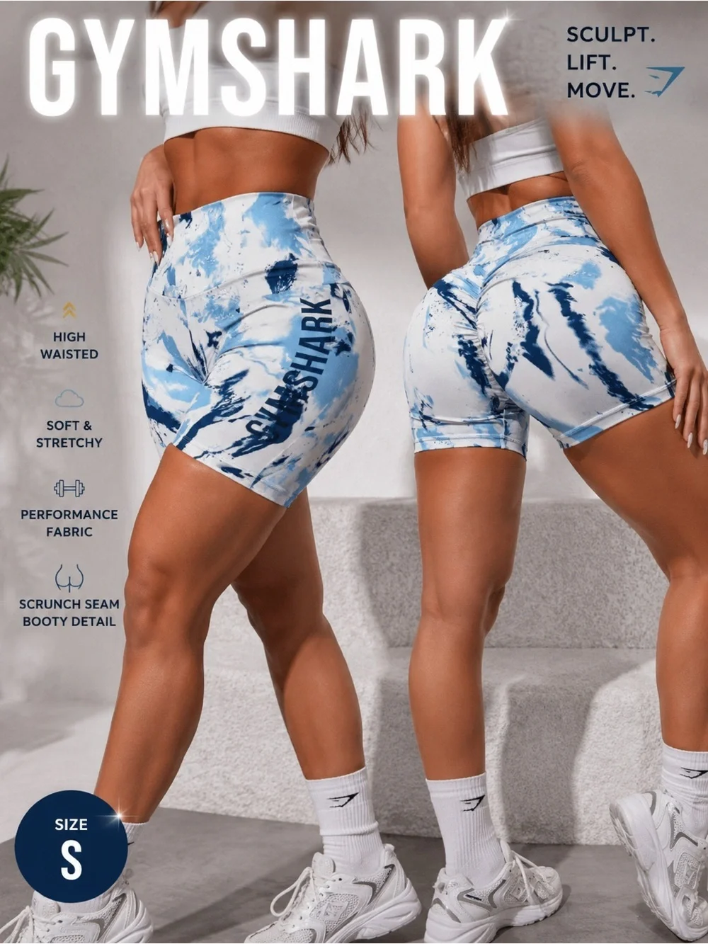Gymshark Blue Marble Scrunch Seam Biker Shorts Size Small
